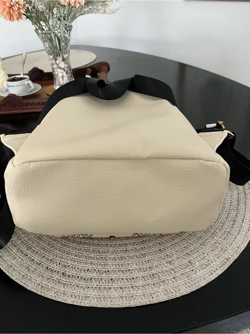 XOXO Cream Mini Backpack with Black Print and Gold Hardware